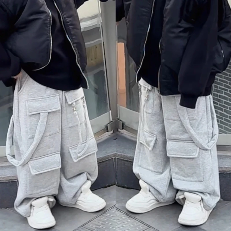 三乐乐家儿童工装风飘带一体绒帅气潮酷冬款加厚休闲直筒卫裤