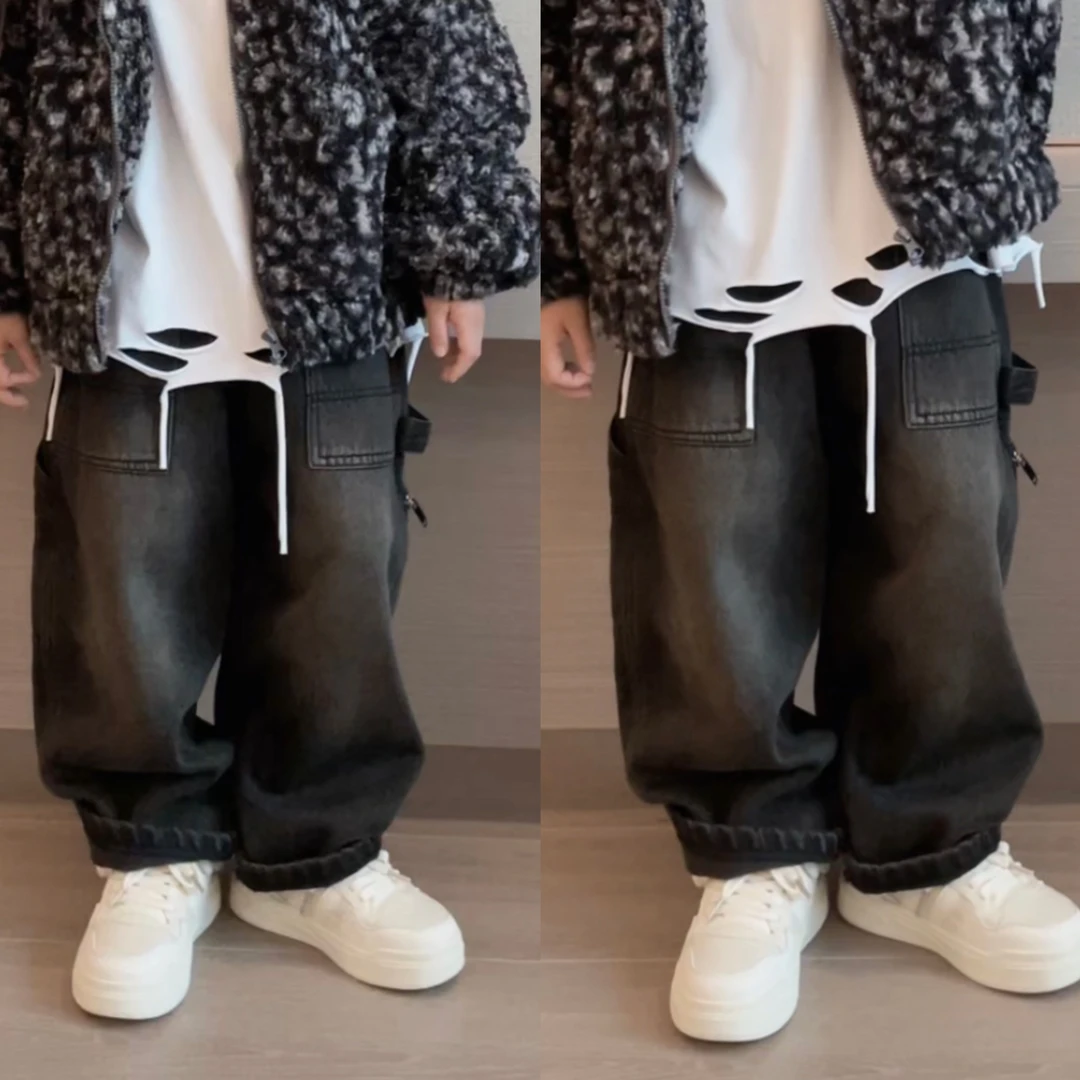 三乐乐家儿童时尚冬款加绒时尚百搭牛仔长裤男童韩版休闲潮酷