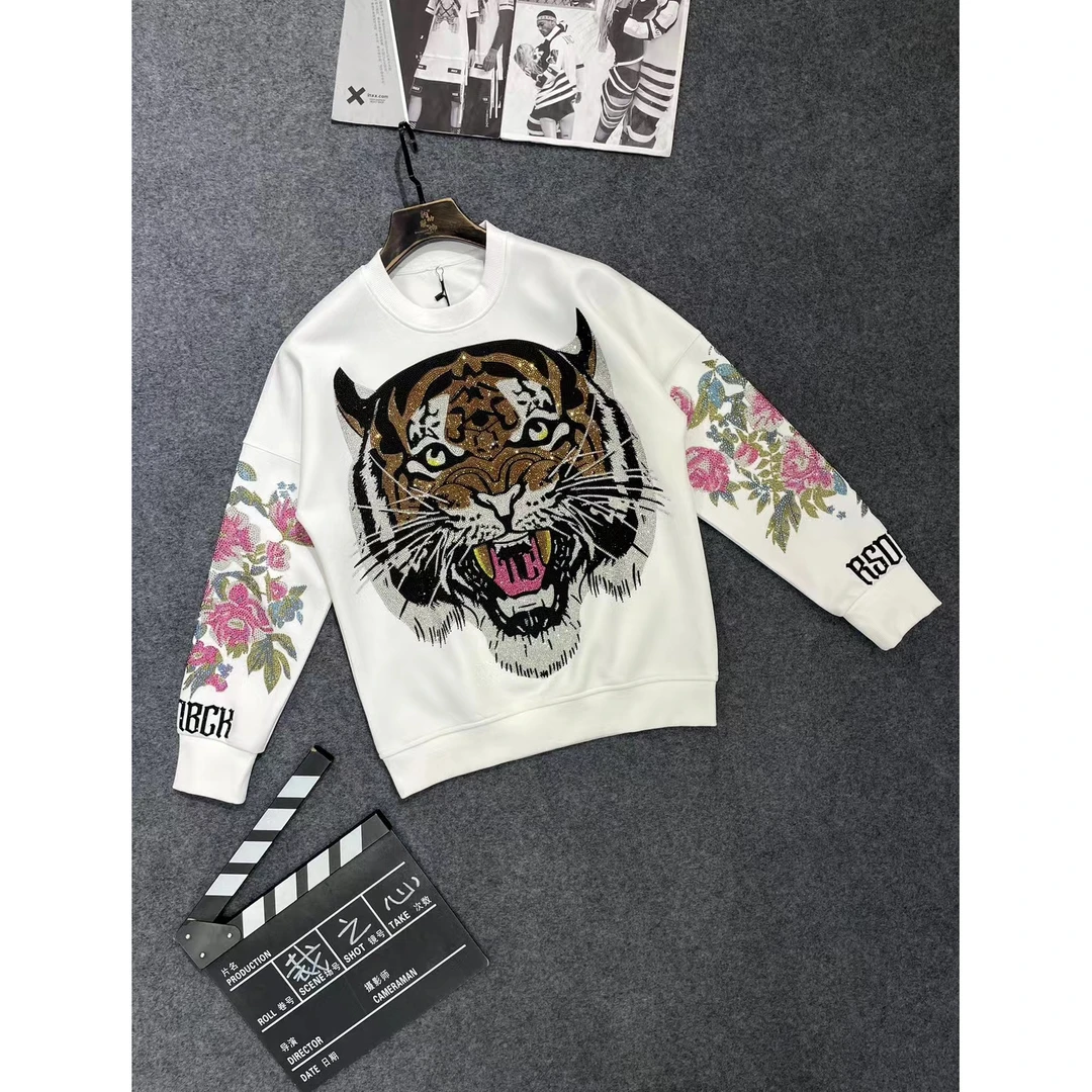 11818 新款T卡通老虎潮牌烫钻满钻短袖T恤男大码潮宽松韩版半袖