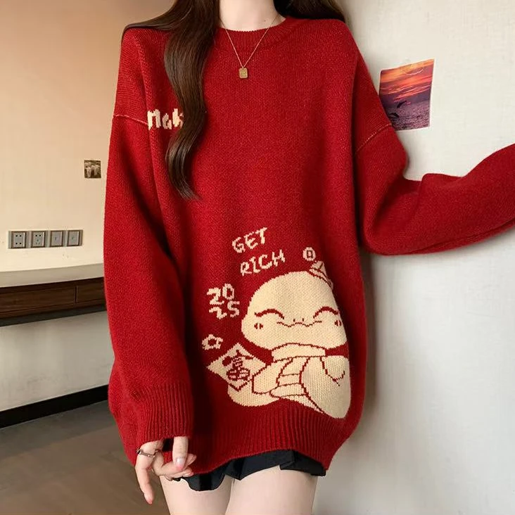 女大童红色毛衣宽松初中生13胖女孩15少女生圆领本命年蛇年针织衫