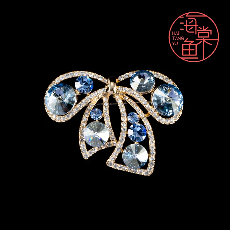 HY1965【施华洛】牛仔蓝蝴蝶结胸针