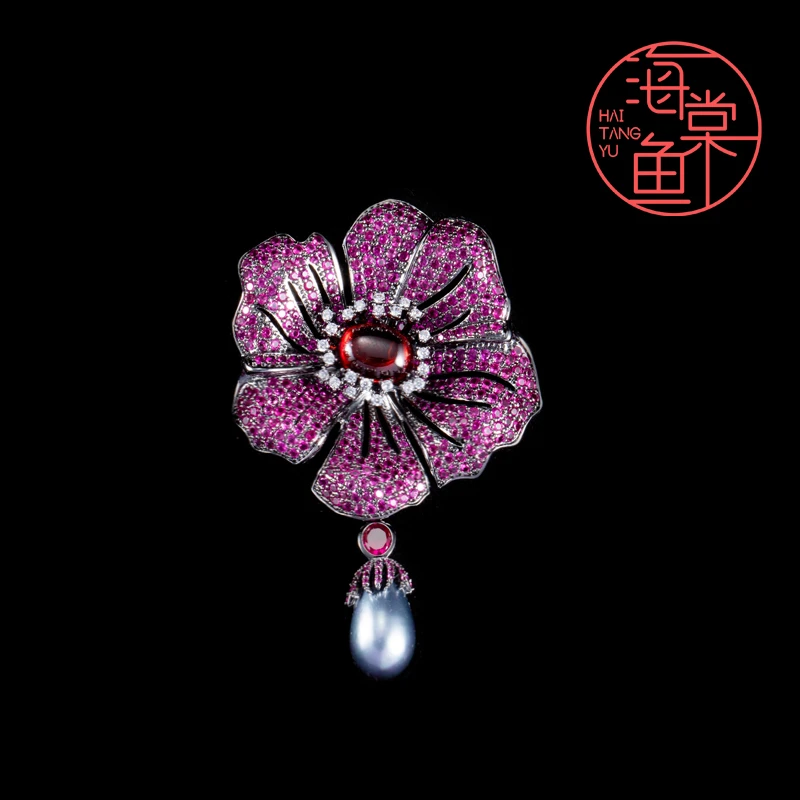 铜合金合成锆石胸针 时尚精致大气玫红花朵胸针3288
