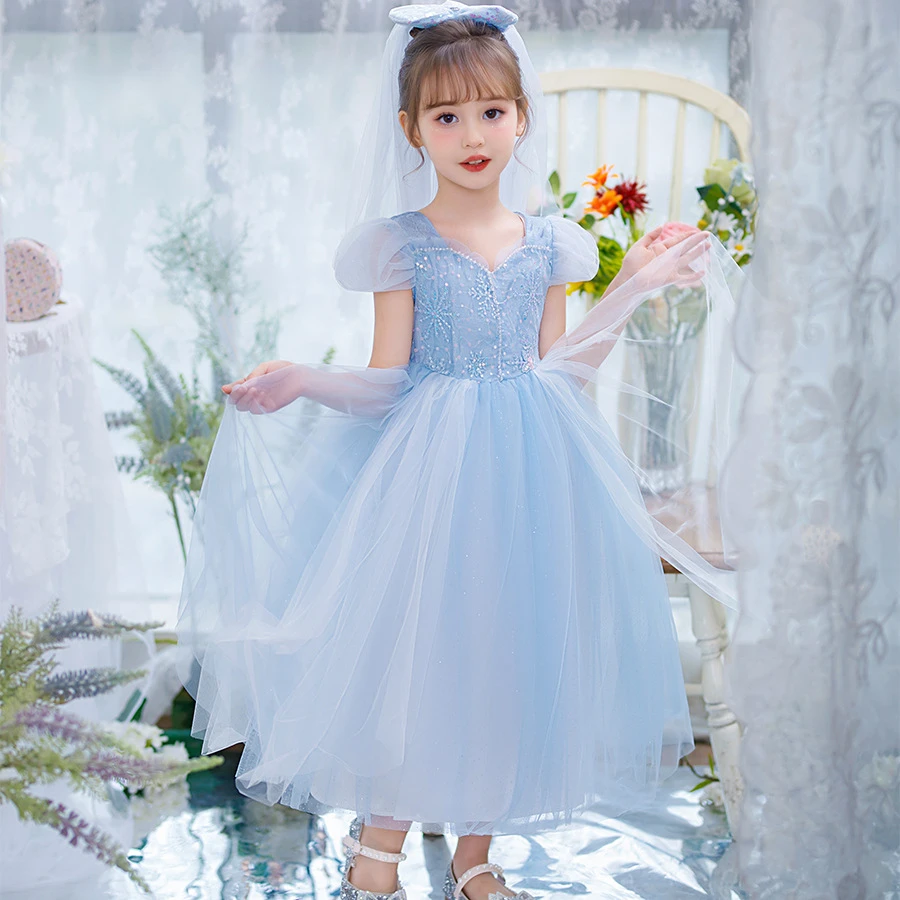 冰雪奇缘2023夏新款连衣裙女童艾莎公主雪花刺绣六一生日网纱裙子