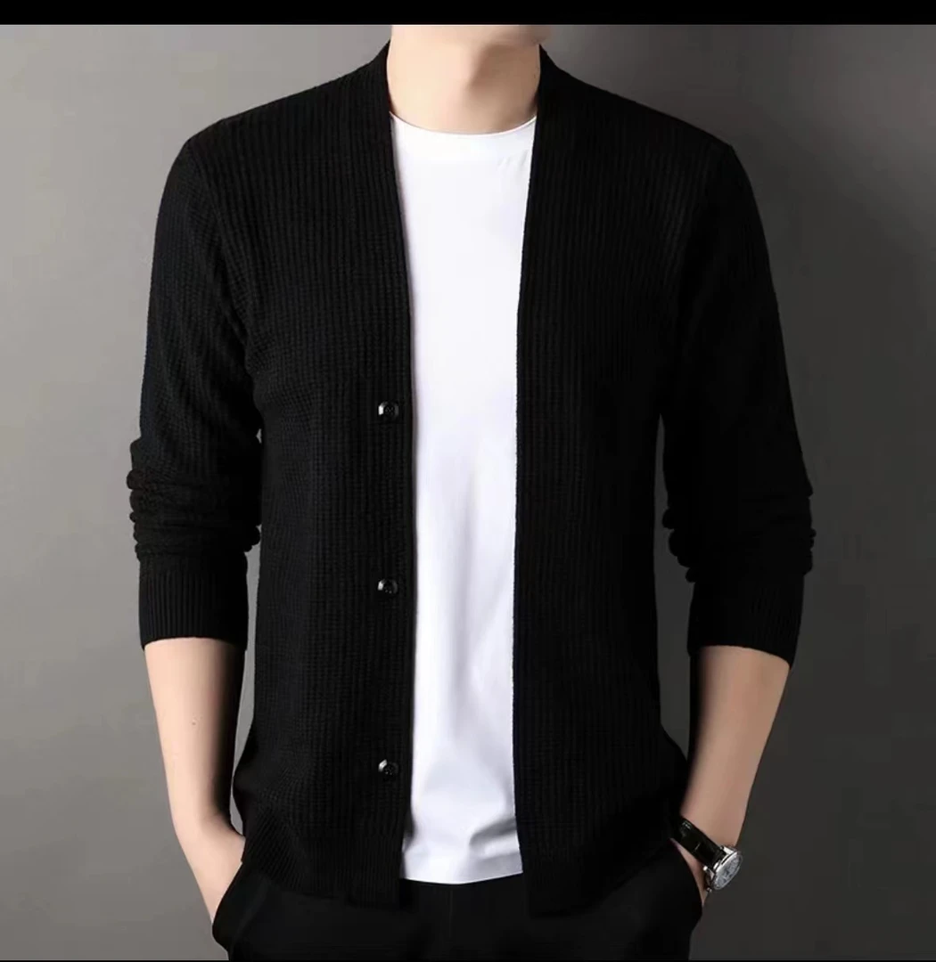 秋季百搭针织开衫男时尚休闲纯色无扣慵懒风外套男士长袖潮流V领