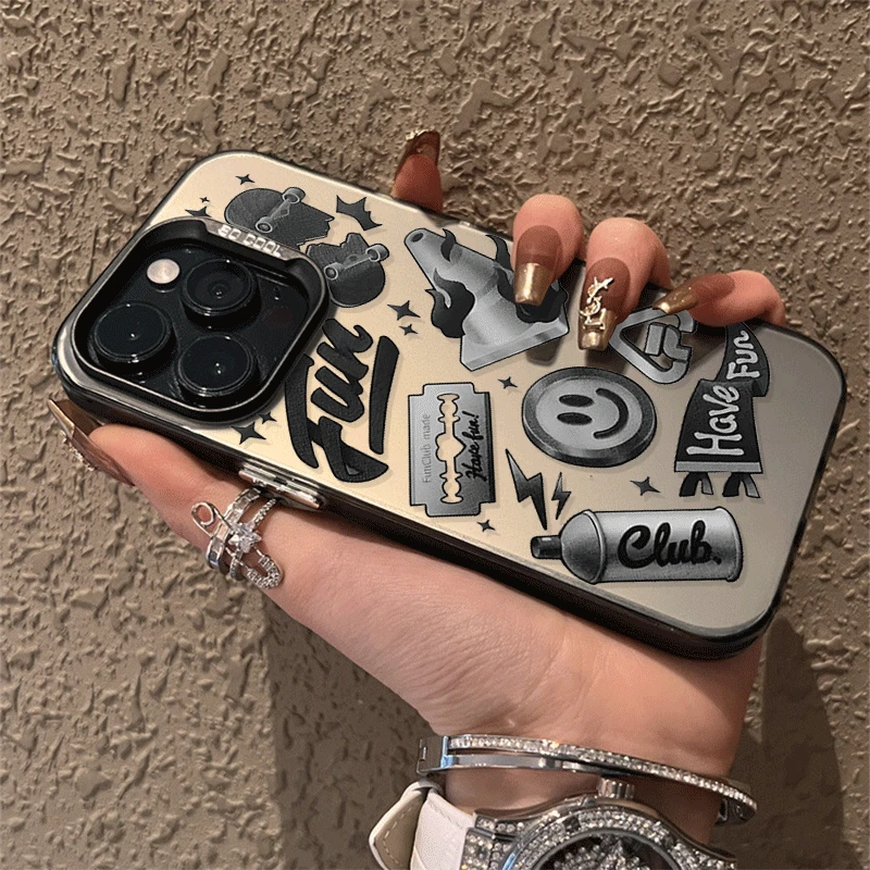 报刊涂鸦金属按键苹果14promax手机壳iPhone13pro12/11磨砂全包xr