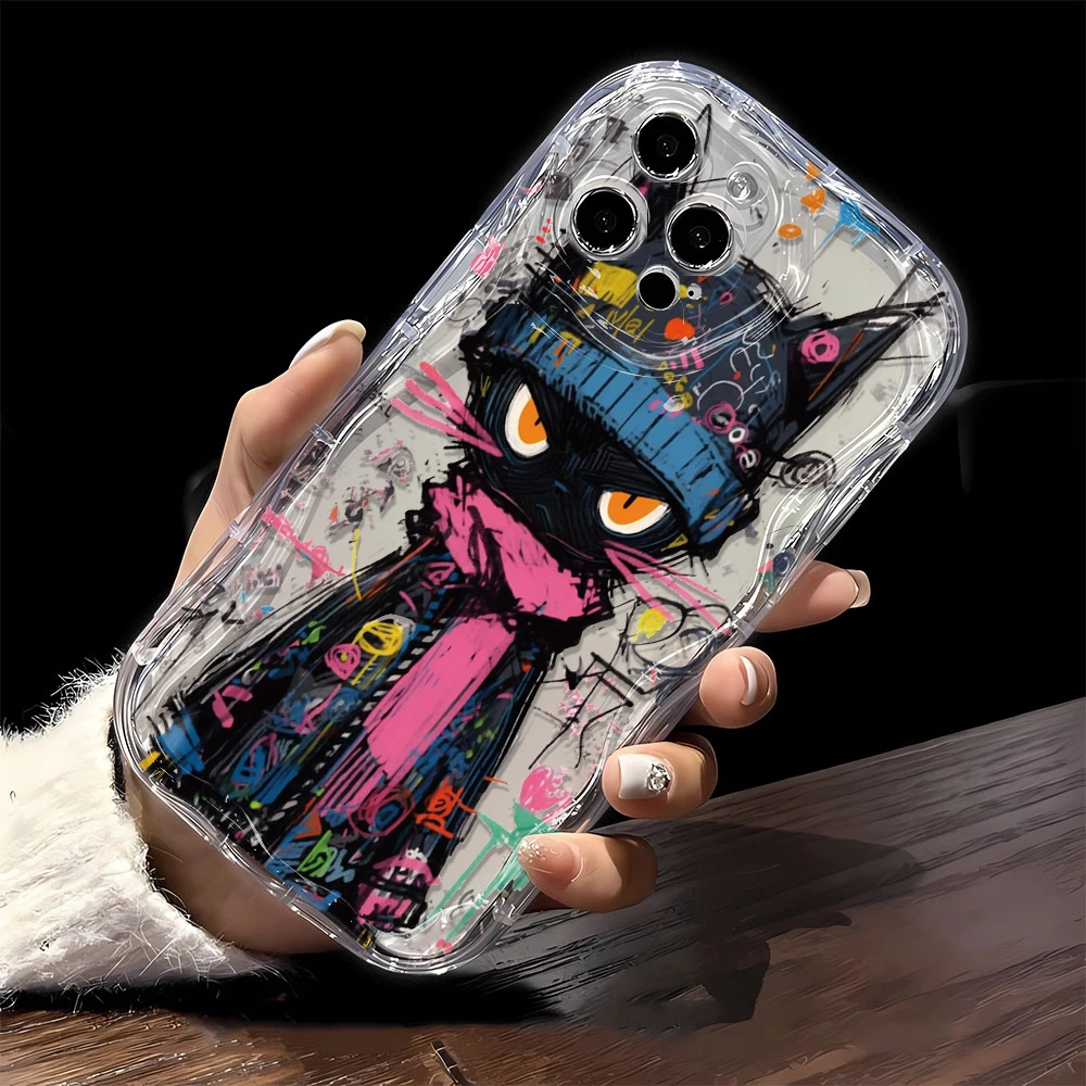 适用奶油纹油画小黑猫适用iPhone13/12手机壳苹果14/11软壳678p