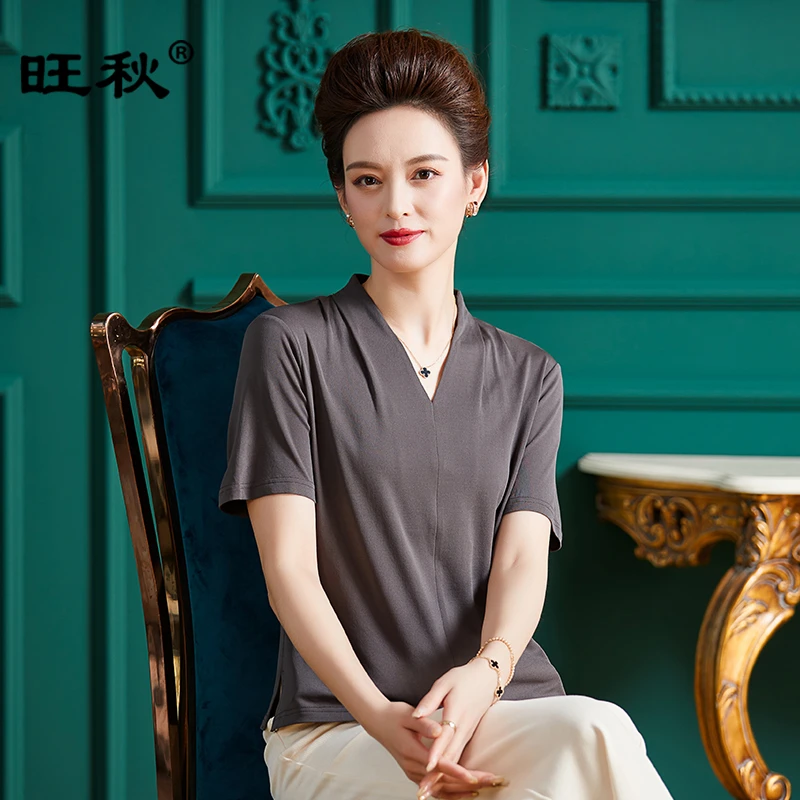 加捻真丝上衣时尚纯色V领短袖T恤薄款桑蚕丝套头衫Y3517