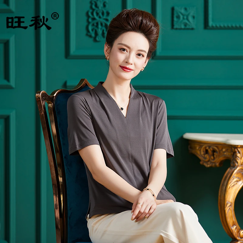中老年女装高端重磅加捻真丝上衣时尚妈妈装纯色V领短袖桑蚕丝T恤