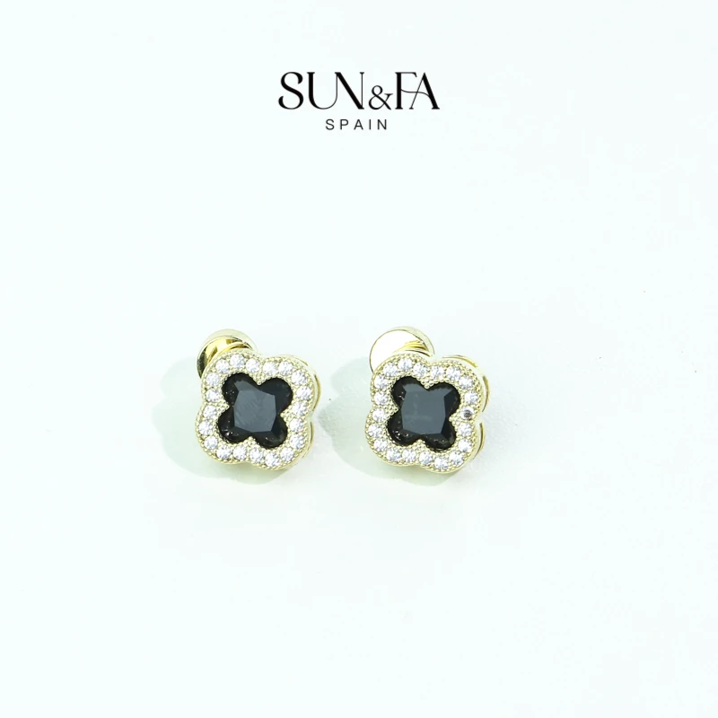 铜合金耳饰 黑色四叶花耳环闪亮气质欧美设计师高定耳钉-YZ13
