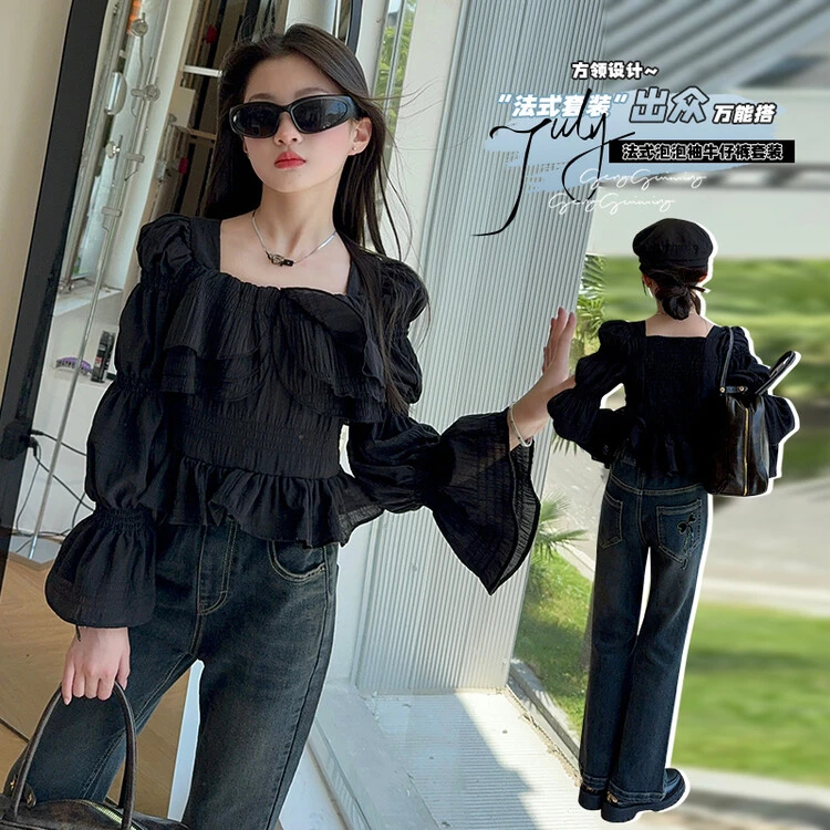 女童衬衫长袖春秋泡泡袖洋气儿童春装上衣白色中大童甜美时尚衬衣