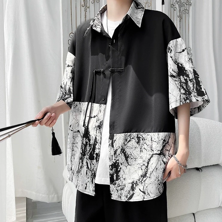 新中式衬衫男女夏季新款宽松薄款休闲设计感拼色痞帅百搭国风衬衣