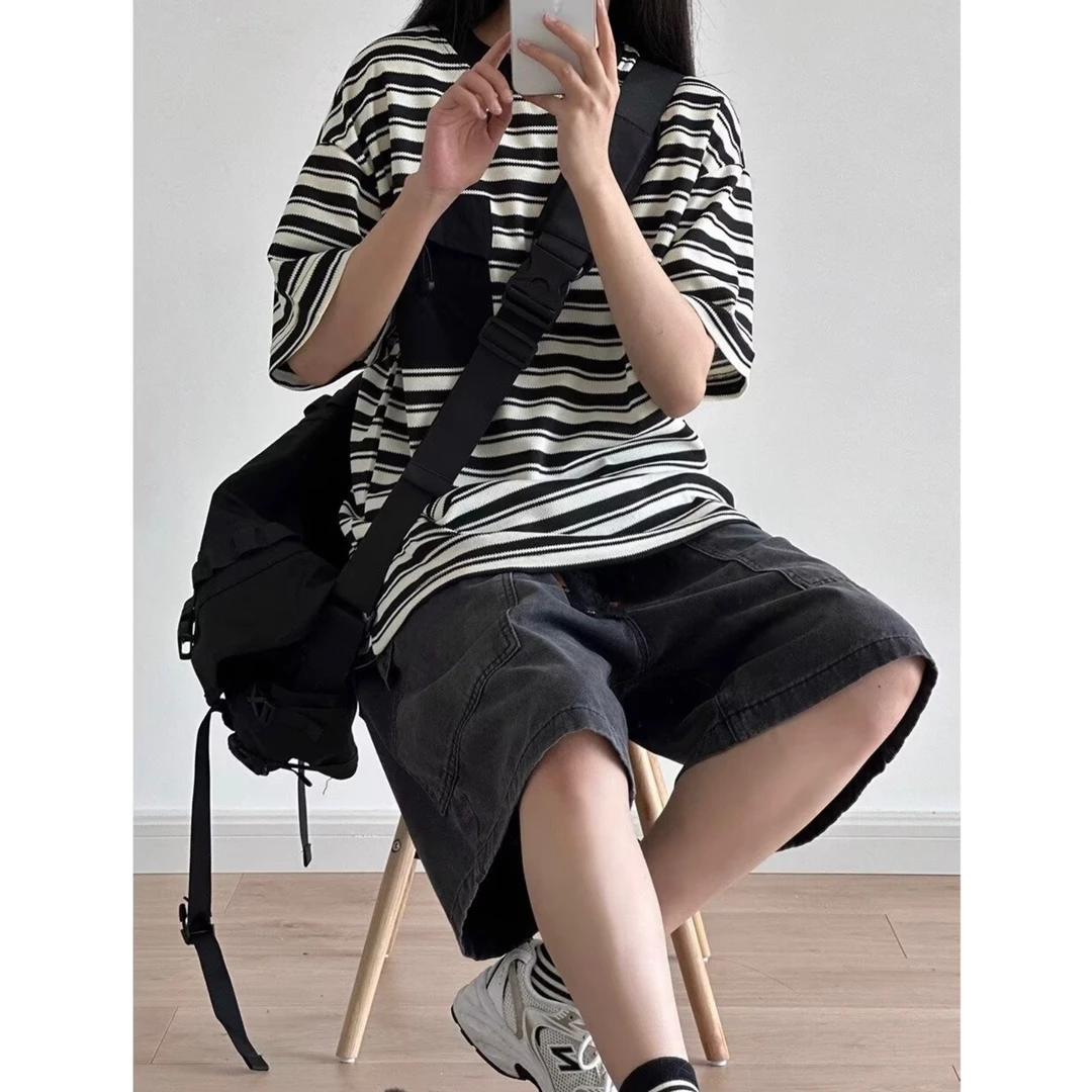 高考毕业季条纹短袖男女夏季宽松美式复古休闲t恤百搭薄款五分袖