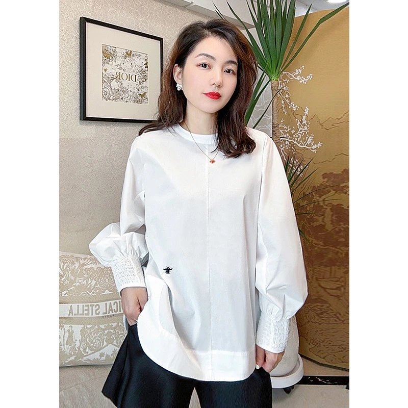 圆领长袖宽松衬衫春秋休闲褶皱袖口气质白色百搭小众设计感上衣