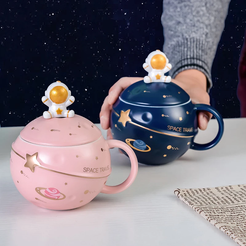 创意太空人马克杯网红星球陶瓷杯学生礼品水杯茶具卡通杯子带盖勺