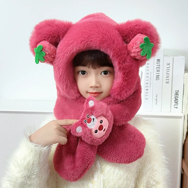 儿童毛绒帽冬季围巾一体帽卡通护耳帽女童户外加绒加厚保暖套头帽