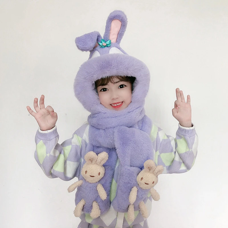 儿童帽子围巾手套三件一体冬季男女童加绒加厚护耳防风保暖毛绒帽