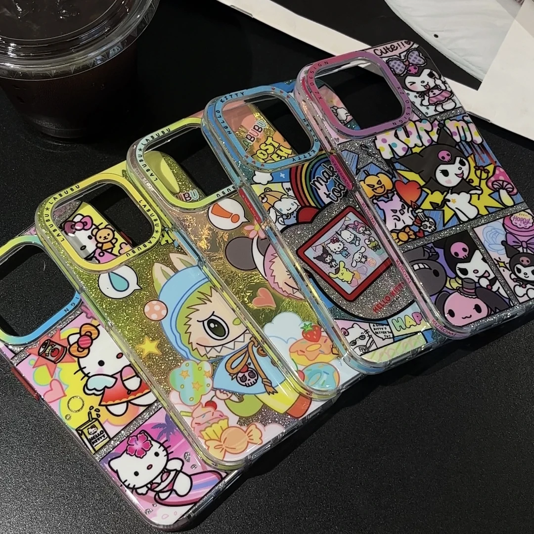 【潮牌系列】卡通可爱闪粉镭射KT猫适用iphone15/14p苹果13手机壳
