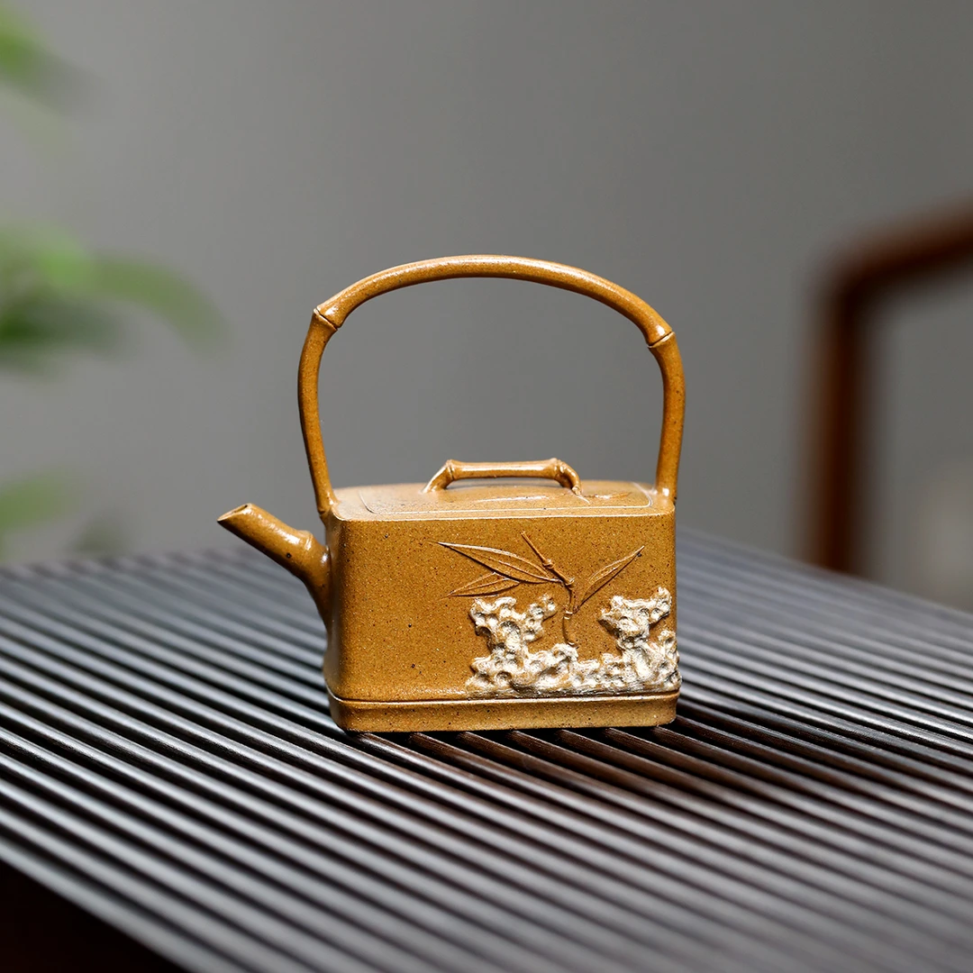 【合一·创意语冰】宜兴原矿紫砂壶纯手工柴烧提梁竹节长灵竹100毫升