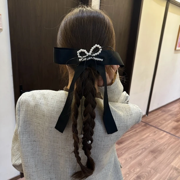 珠珠飘带蝴蝶结鸭嘴夹银色蝴蝶结一字夹加大号后脑勺抓夹