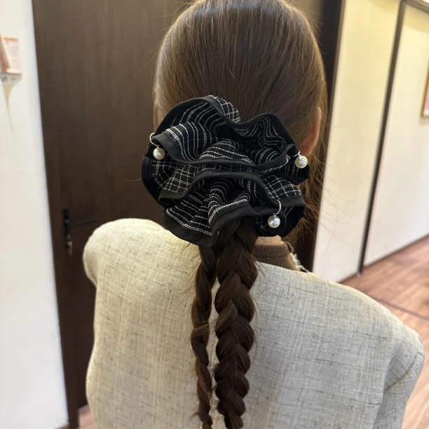 英伦小香～双层设计格纹珠珠大发圈气质高级感头绳