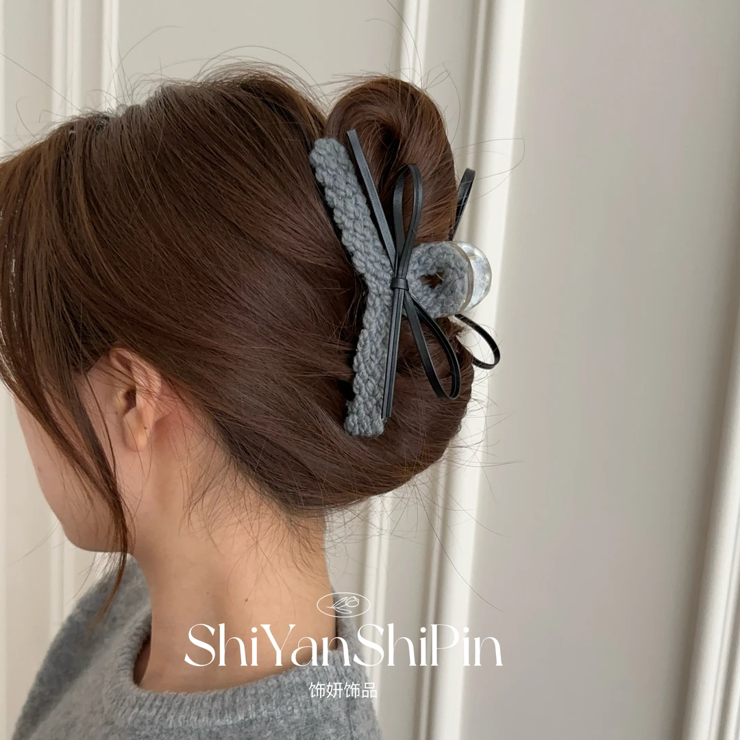 针织皮质蝴蝶结抓夹秋冬新款后脑勺抓夹网红高级感头饰