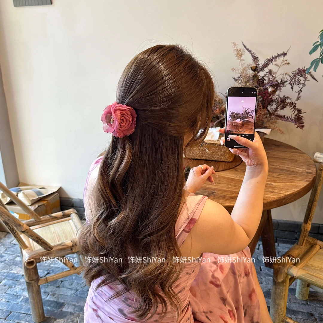 氛围感新中式手工玫瑰花发夹女高级感花朵抓夹网红气质半扎发头饰