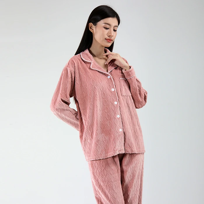 HITONE HOME女士春秋海马绒保暖家居服舒适翻领睡衣秋季长袖套装