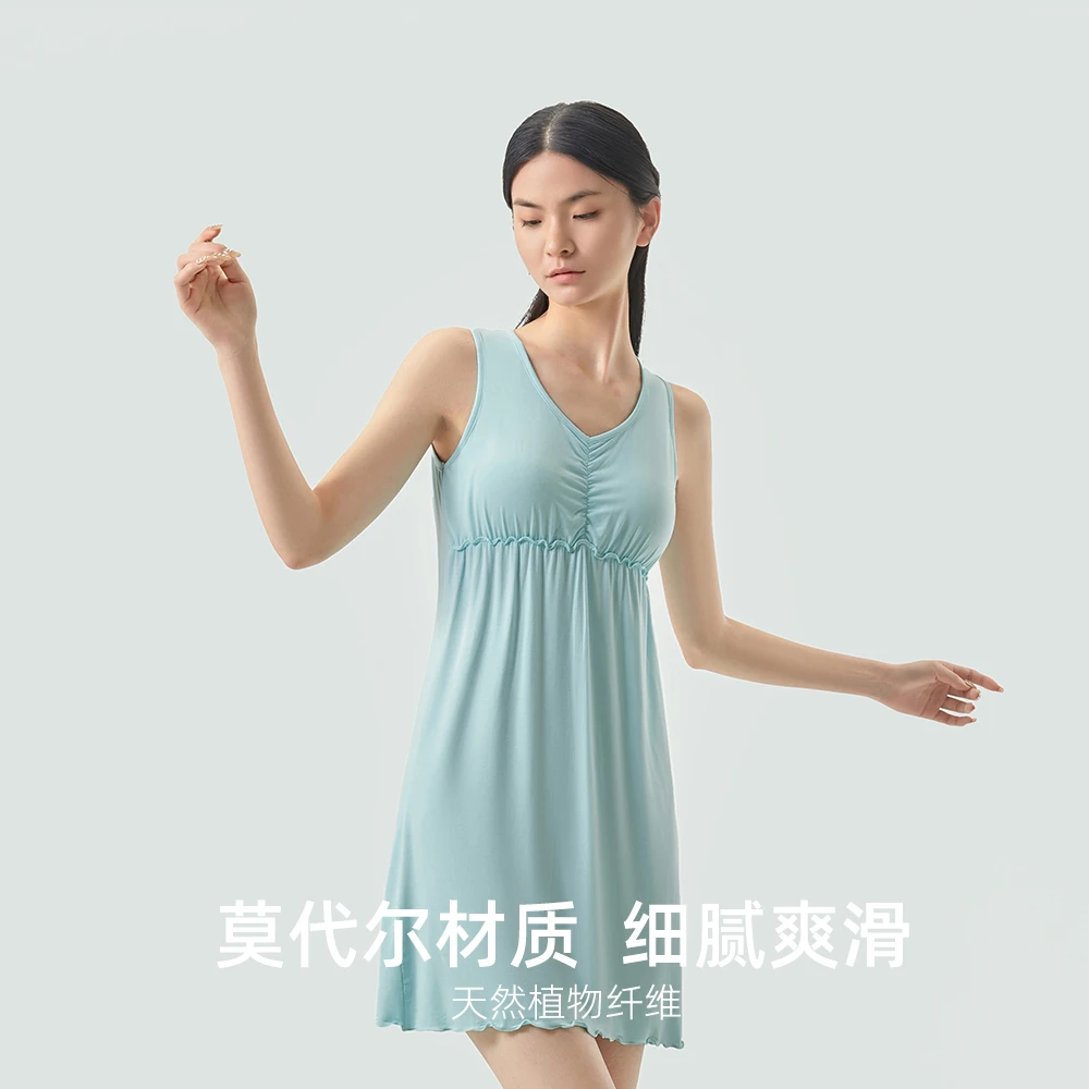 女士家居裙带胸垫修身夏季连衣裙春夏无袖夏天莫代尔舒适居家睡裙