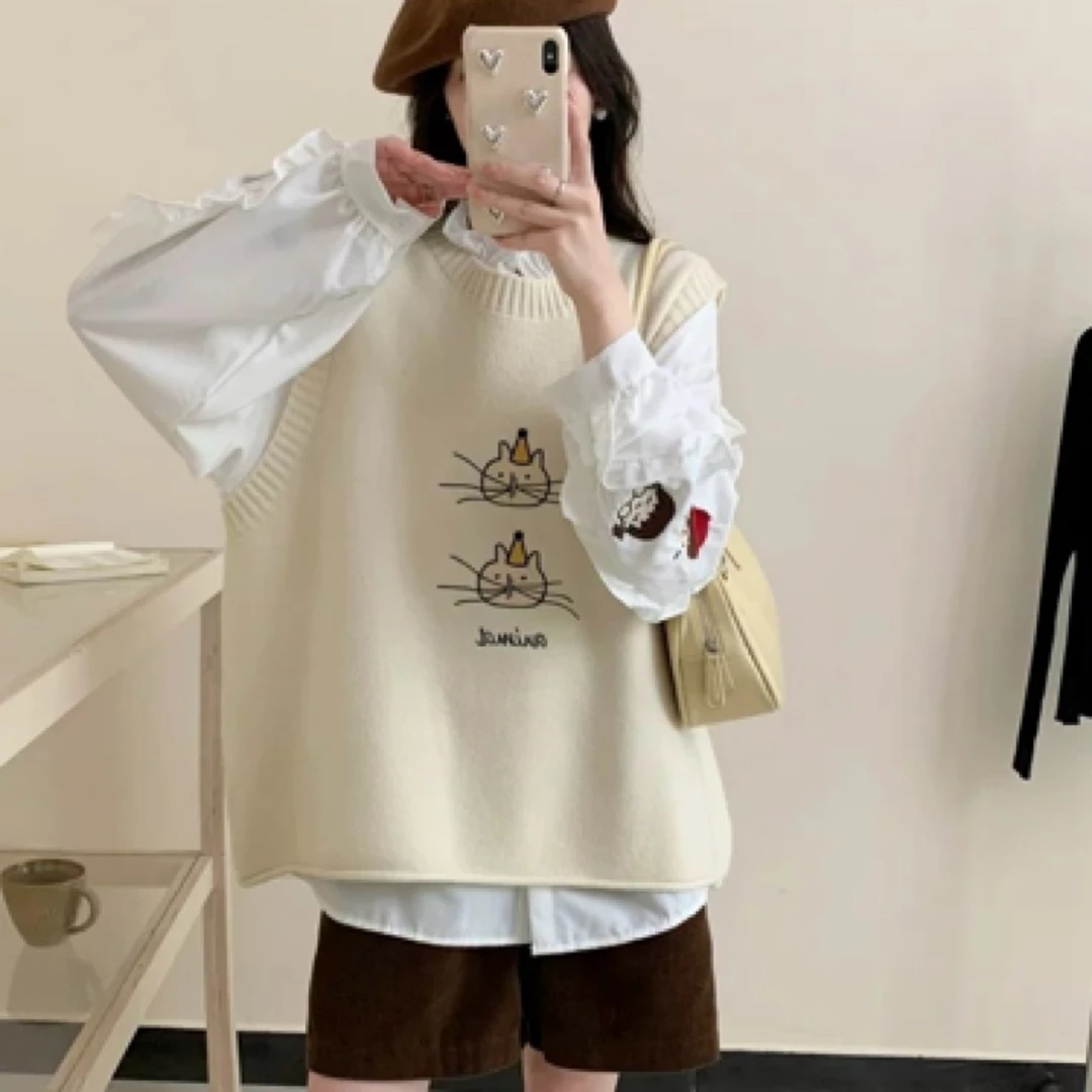 猫咪学生秋季宽松型上衣减龄女圆领韩版绣花马甲马夹休闲卡通秋冬