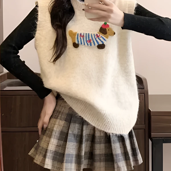 腊肠狗时尚外穿马夹秋冬圆领内搭洋气韩版学院风马甲针织背心百搭