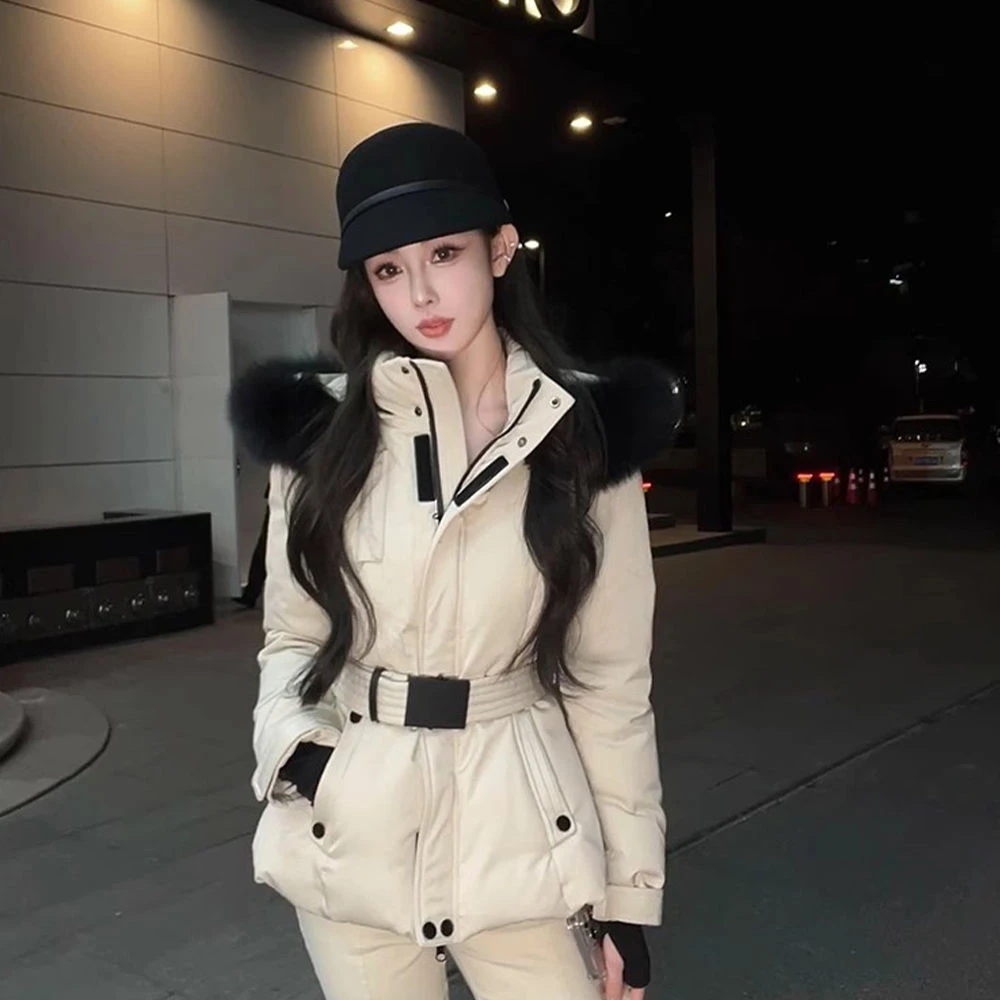 2023新款百搭狐狸毛领连帽设计感加厚棉服个性外套冬显瘦白色时尚