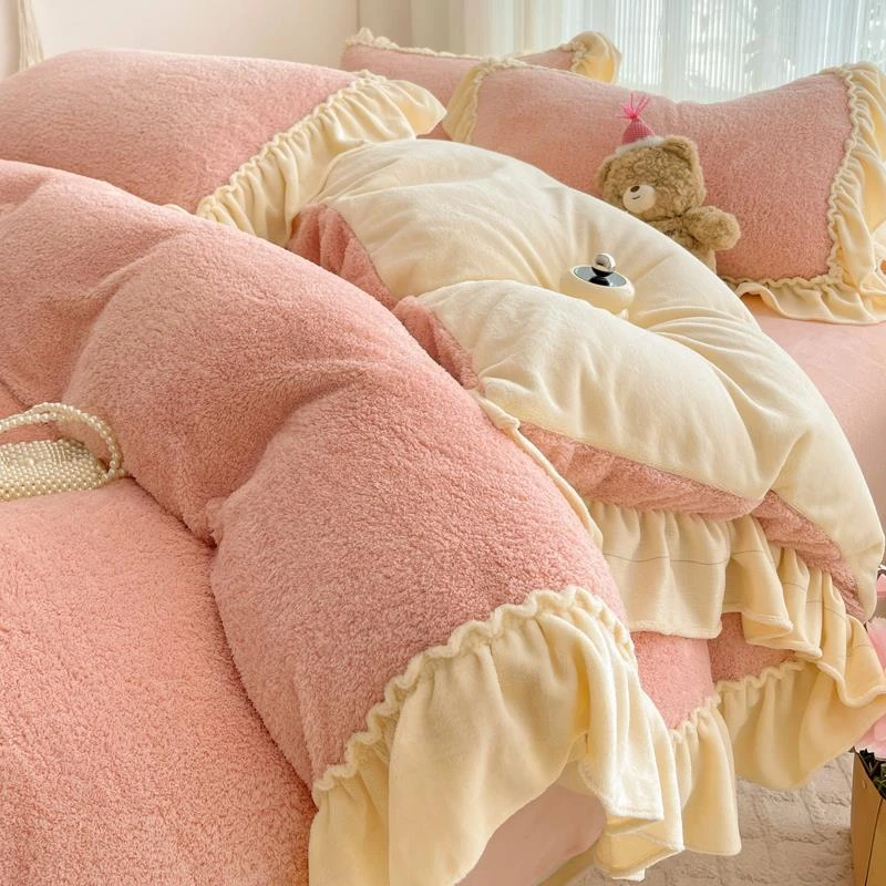 水星甄选2024新款公主风花边牛奶绒床上四件套冬季泰迪珊瑚绒被套