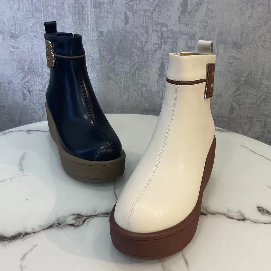 265-05时尚休闲百搭真皮粗跟厚底秋冬圆头真皮粗跟短靴