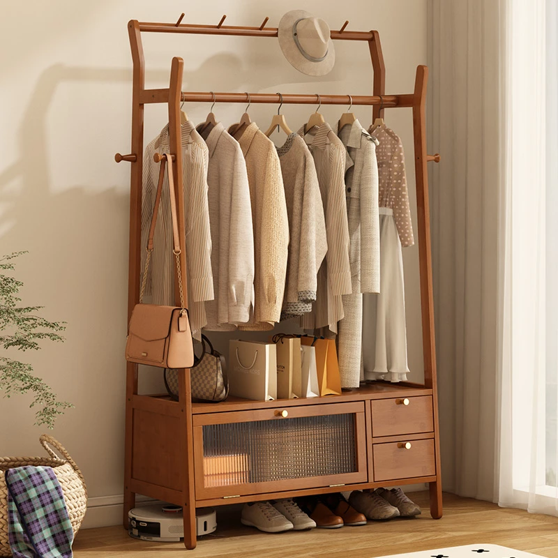 衣架落地式卧室挂衣架家用室内可移动中古风多功能收纳置物衣帽架