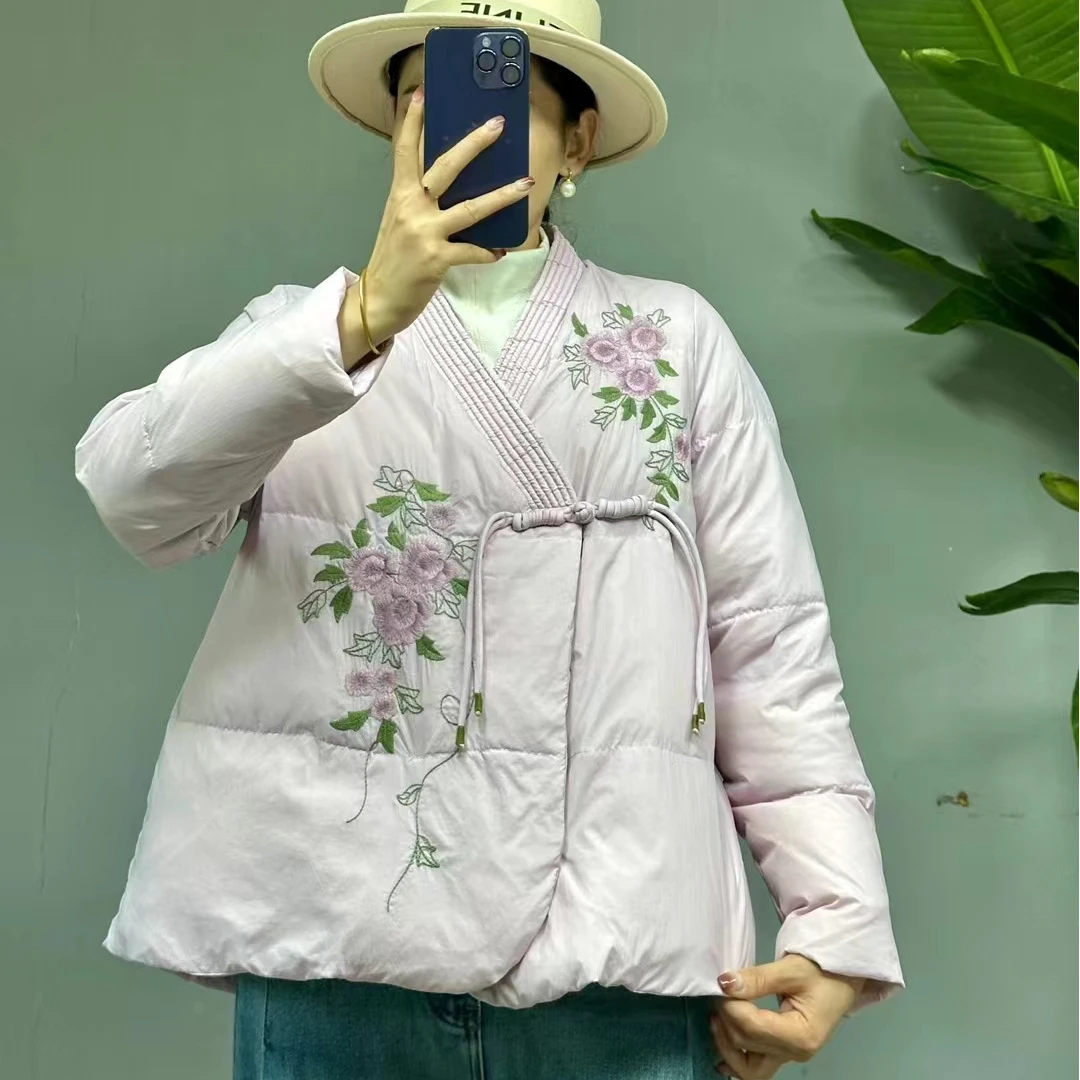 麻印女神国风刺绣 羽绒服秋冬季新中式白鸭绒女装外套