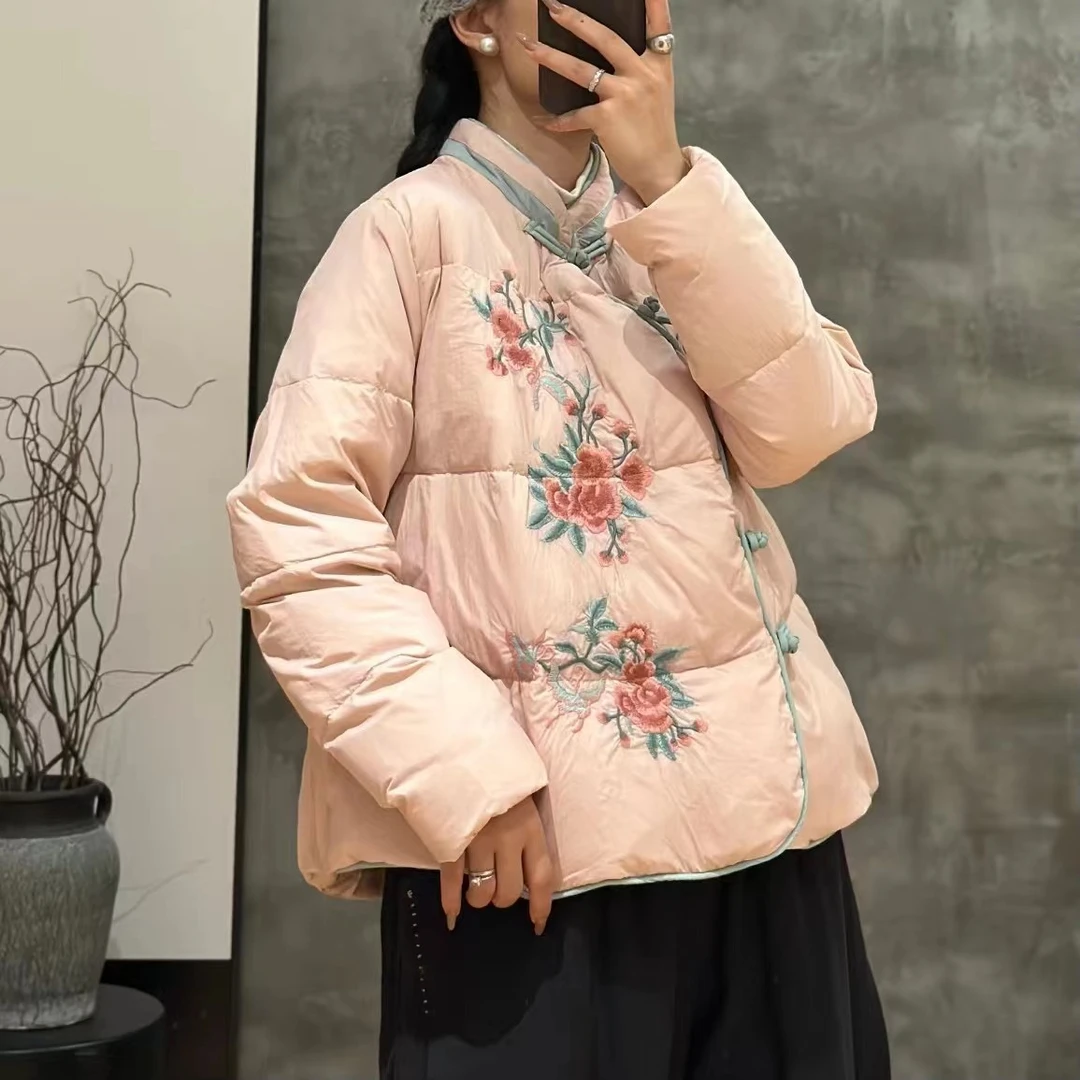 麻印女神国风羽绒服重工刺绣新中式女装白鸭绒外套