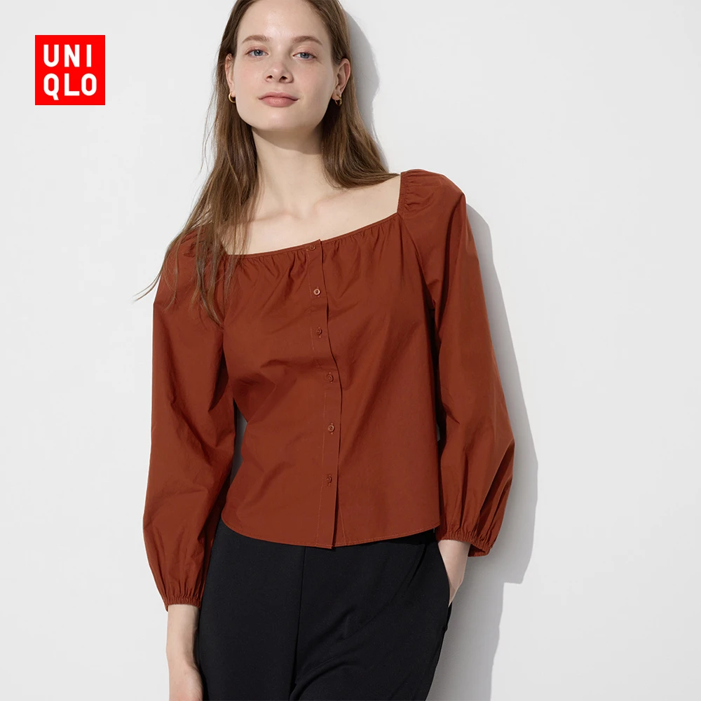 优衣库女装棉质方领衬衫/长袖休闲衬衣上衣469440
