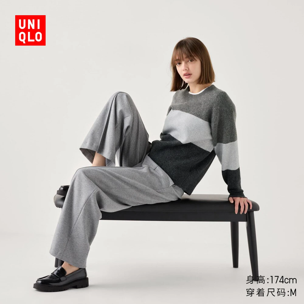 优衣库女装souffle yarn舒芙蕾圆领拼色针织衫/毛衣毛衫473051