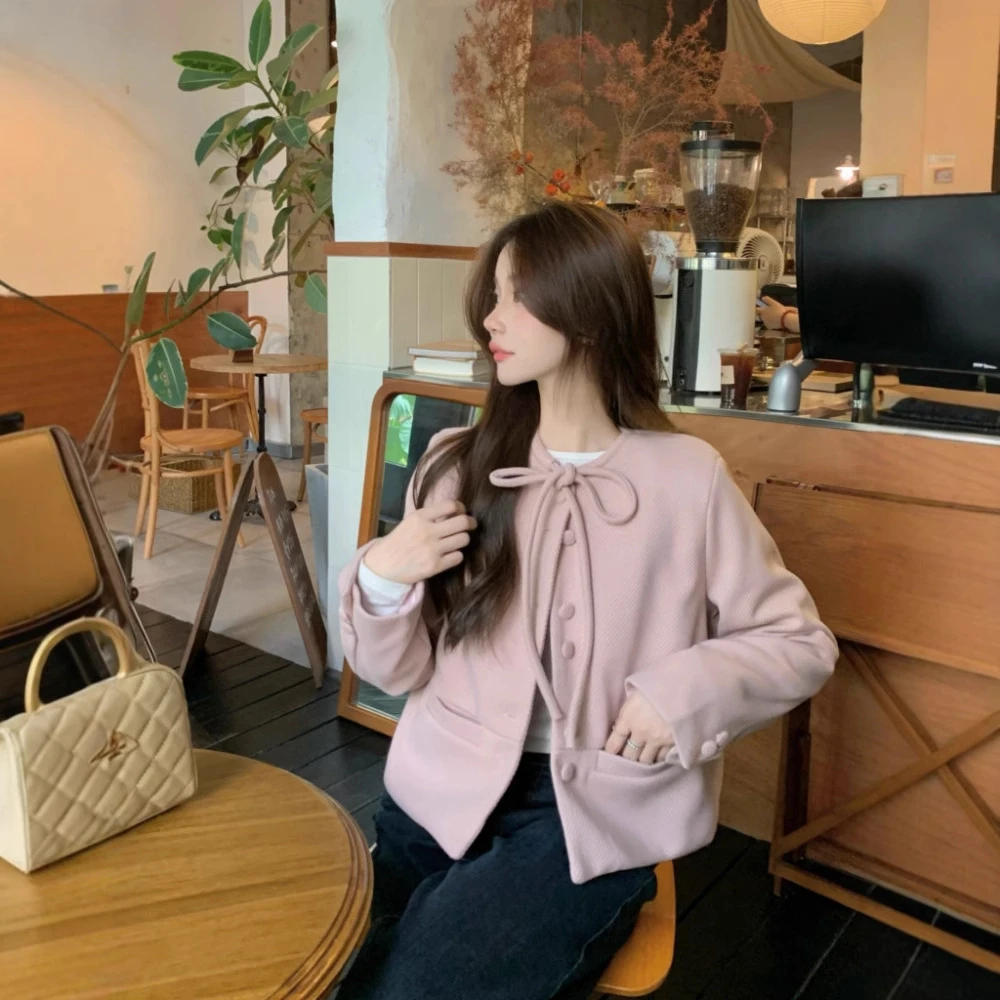 温柔风蝴蝶结系带小香风毛呢外套女小个子气质圆领上衣女