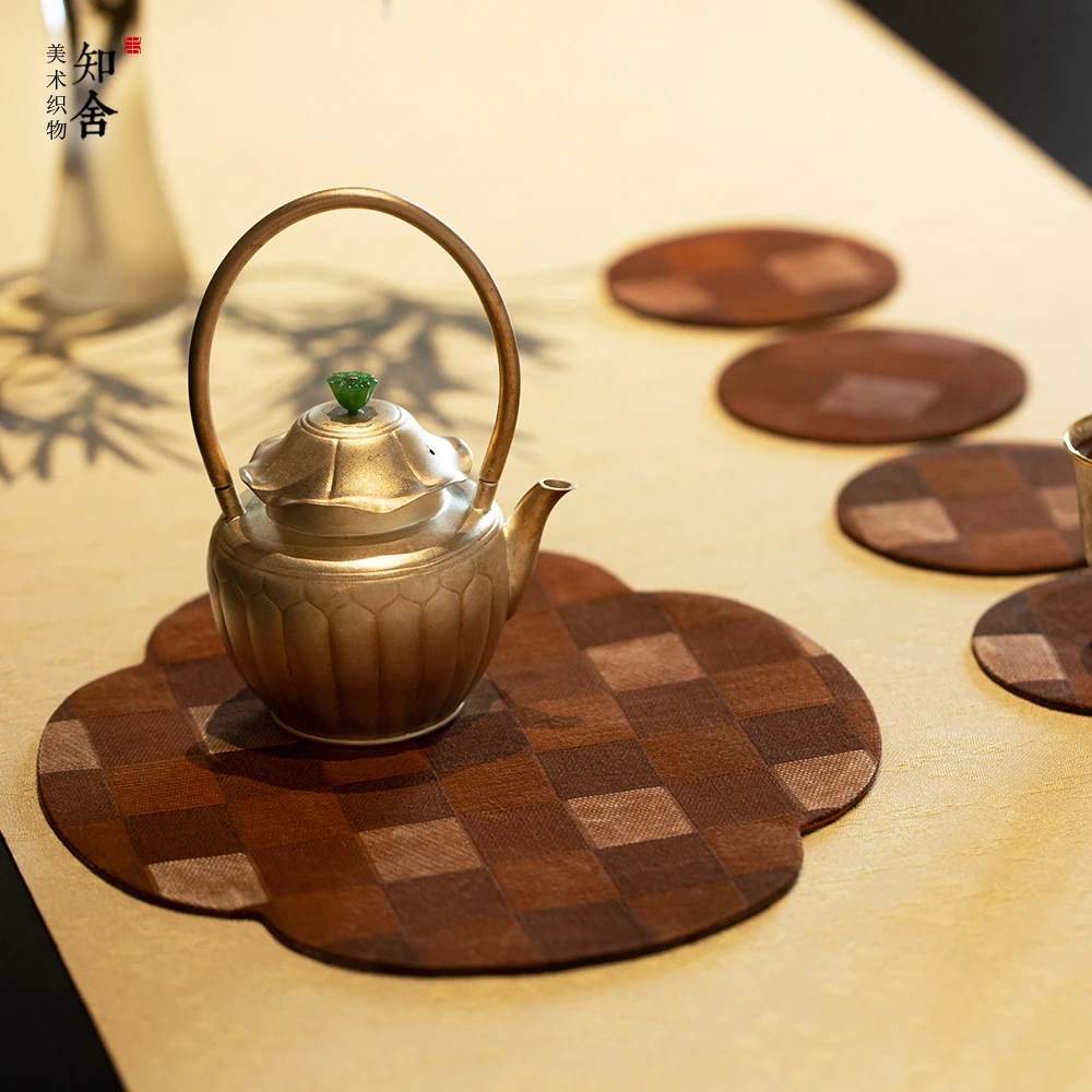 知舍香云纱编织格纹壶承杯垫新中式复古宫廷风隔热手工双层茶桌垫