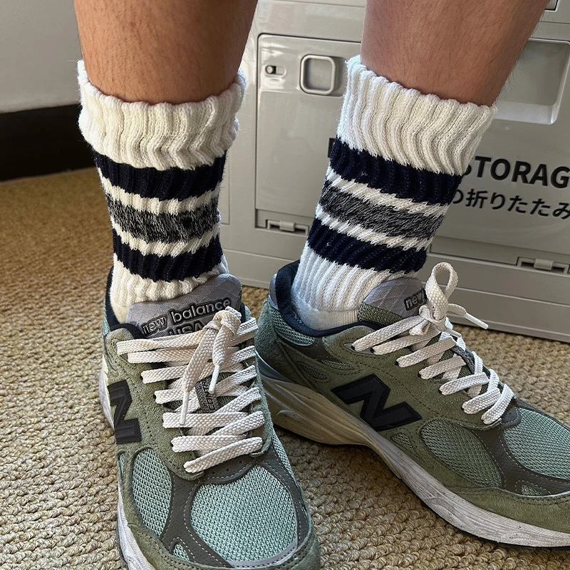 cityboy条纹粗线中筒袜加厚复古毛巾袜日系堆堆袜长透气柔软高弹