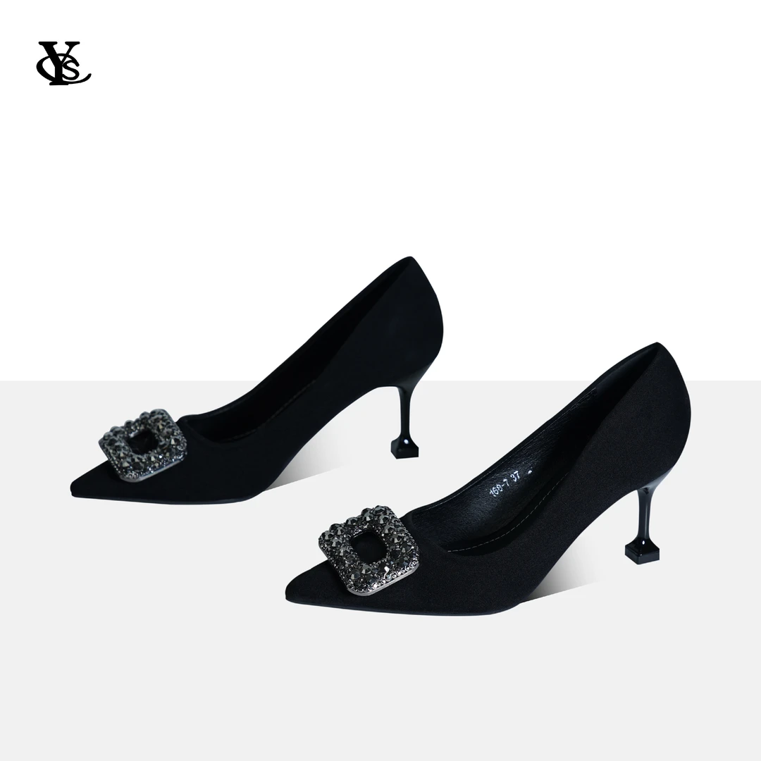 【黑晶锆石方扣】2024新款气质轻奢时尚百搭方扣高跟鞋通勤不累脚