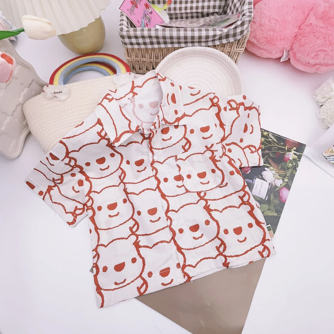 9130儿童夏款时尚休闲小童短袖可爱卡通印花翻领满印夏季短袖衬衫