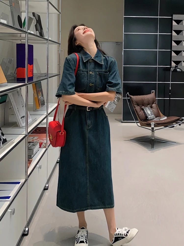 法式复古薄牛仔连衣裙女夏2024新款气质收腰显瘦中长款A字衬衫裙