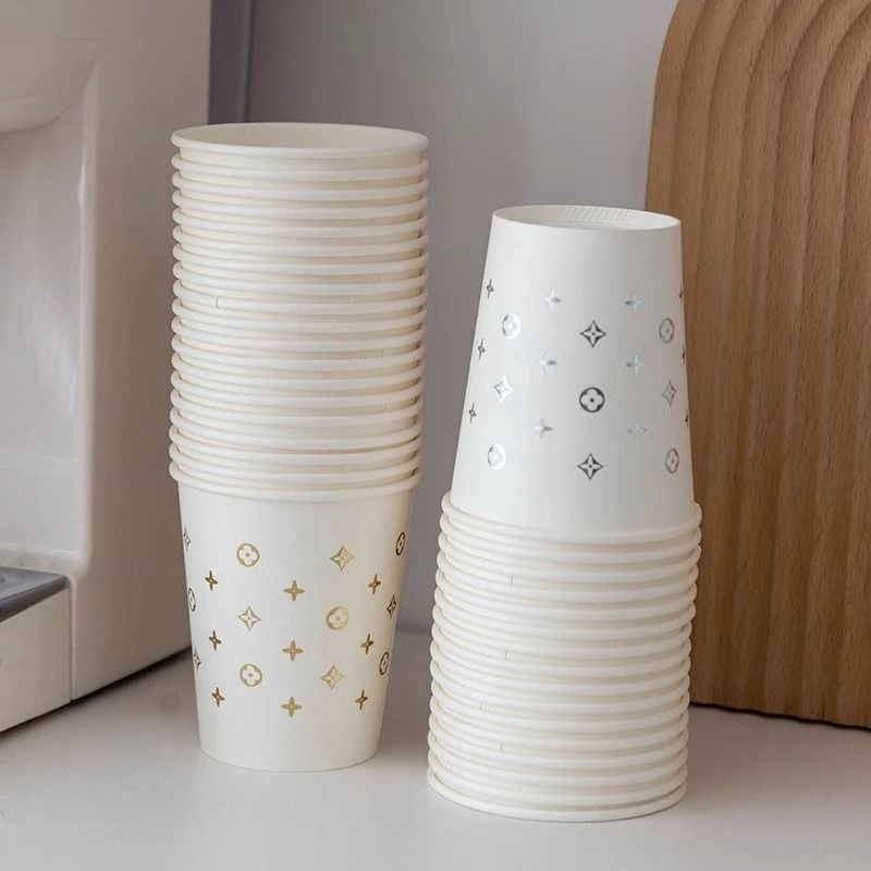 高端烫金一次性纸杯250ml加厚家用水杯白色精致办公室商用咖啡杯