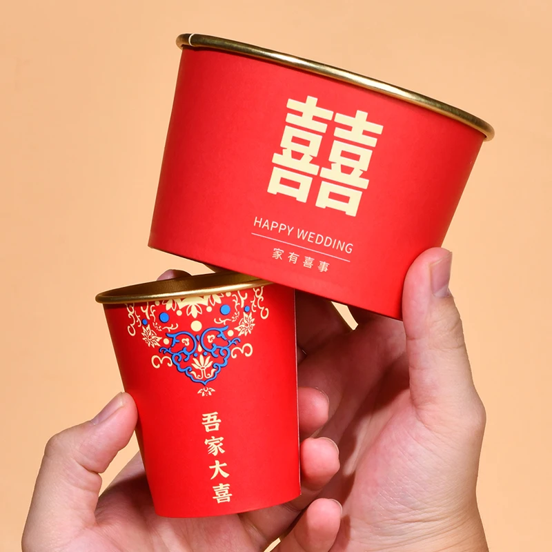 婚庆高档金箔喜杯喜碗家用酒席宴会结婚喜庆大红一次性餐具套装