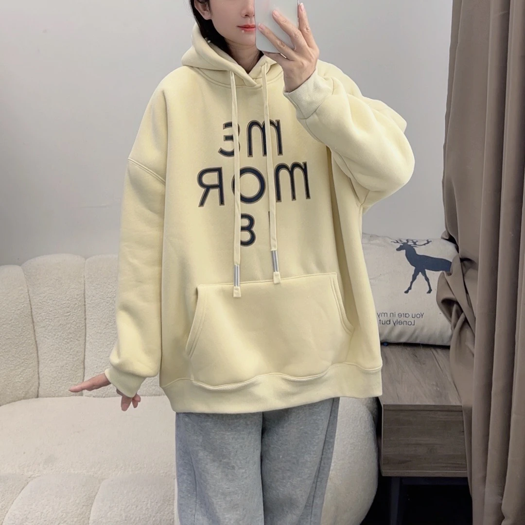 韩版加厚羔毛字母印花宽松外套上衣百搭连帽卫衣女DYY2379