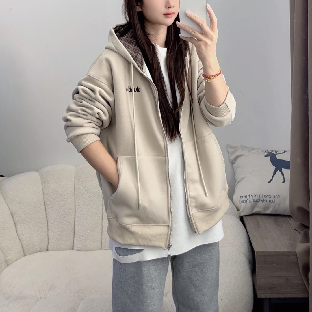 韩版宽松格子撞色帽连帽卫衣开衫加绒加厚连帽卫衣外套DYY2365