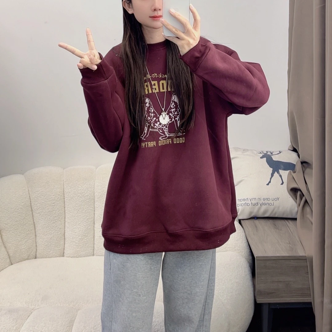 S/H加厚秋冬款狗狗图案印花宽松上衣显瘦洋气套头卫衣女DYY2378