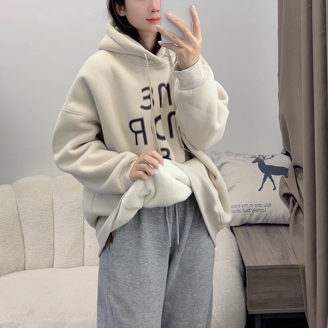 S/H2加厚羔毛字母印花宽松外套上衣百搭半拉链连帽卫衣女DYY2379